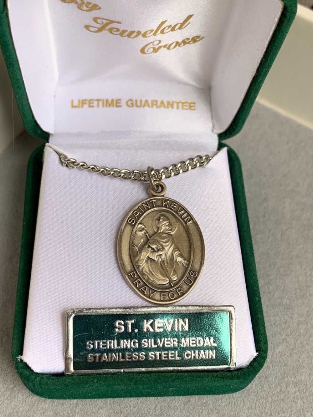 Sterling Silver St. Kevin Medal Oval w/ 24" Stainless Steel Chain